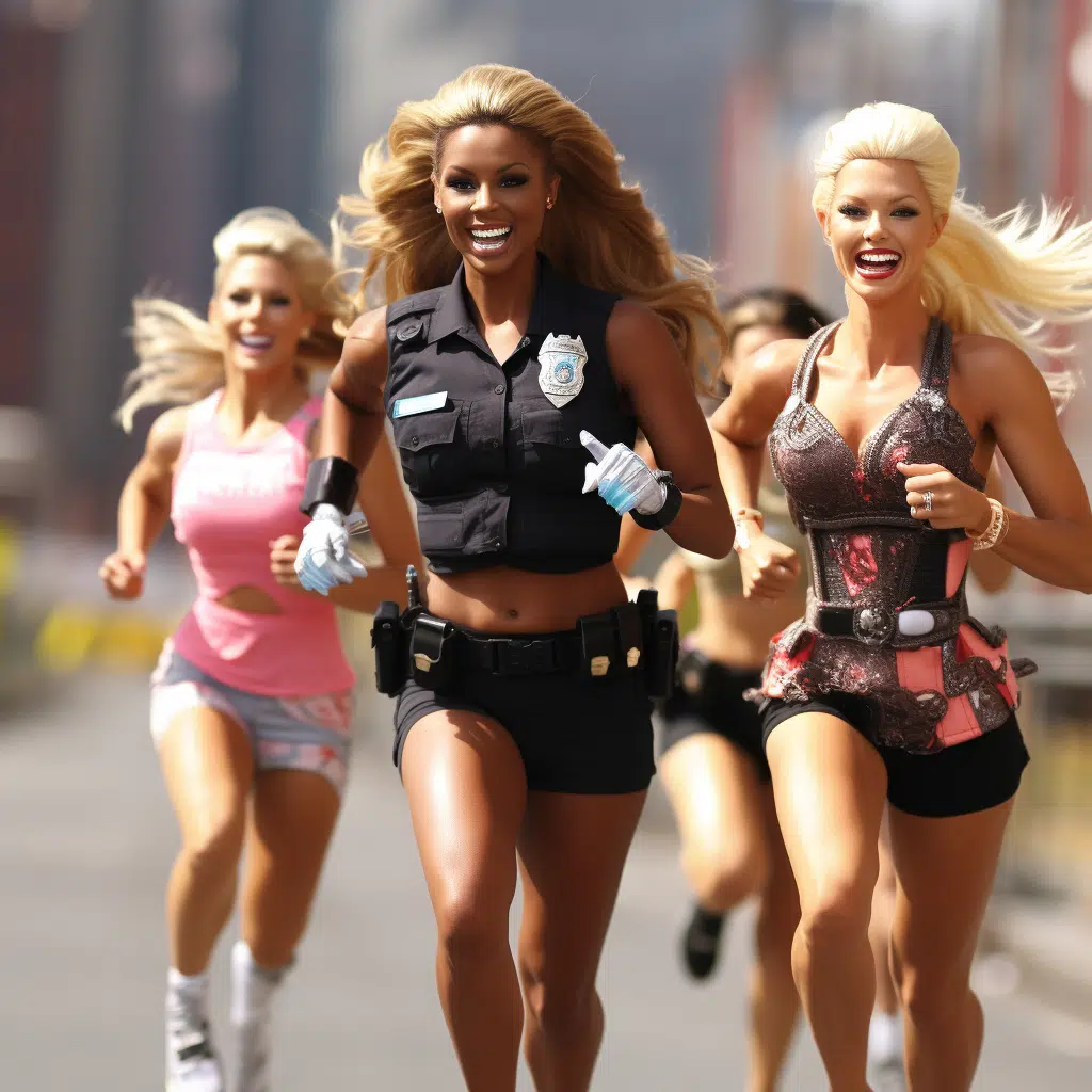 real female fitness barbies laughing while running from police