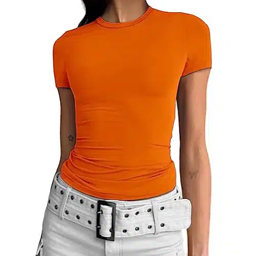 Abardsion Women'S Casual Basic Going Out Crop Tops Slim Fit Short Sleeve Crew Neck Tight T Shirts (Orange, M)