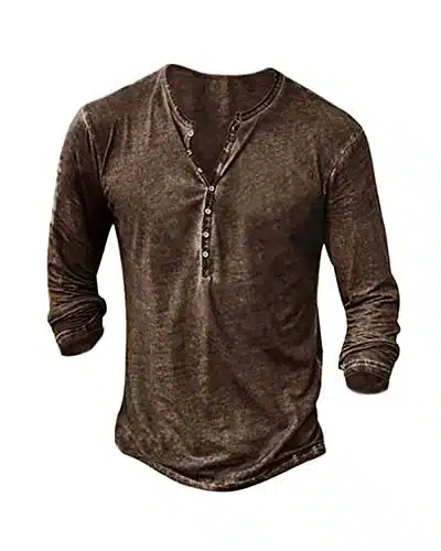 Mens Distressed Henley Shirts Front Placket Retro Long Sleeve Tee Shirts Casual Button Down Washed T Shirts For Men Brown