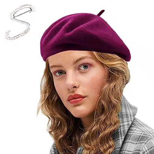 Sydbecs Wool Beret Hats For Women Ladies Girls, French Barret Hat Solid Color Style (Raspberry)